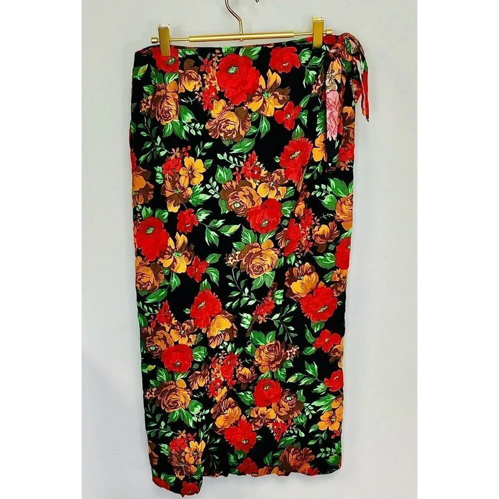 Vintage Womens Multi-Color Floral Tie Waist Wrap Swim Cover-Up Skirt Size Medium
